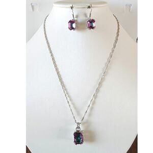 Pretty Multi Color Shimmer Faux Jewel Pendant Necklace and Dangle Earrings Set